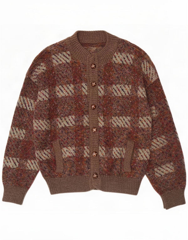 Vintage Mens Cardigan Sweater Large Brown Plaid Acrylique