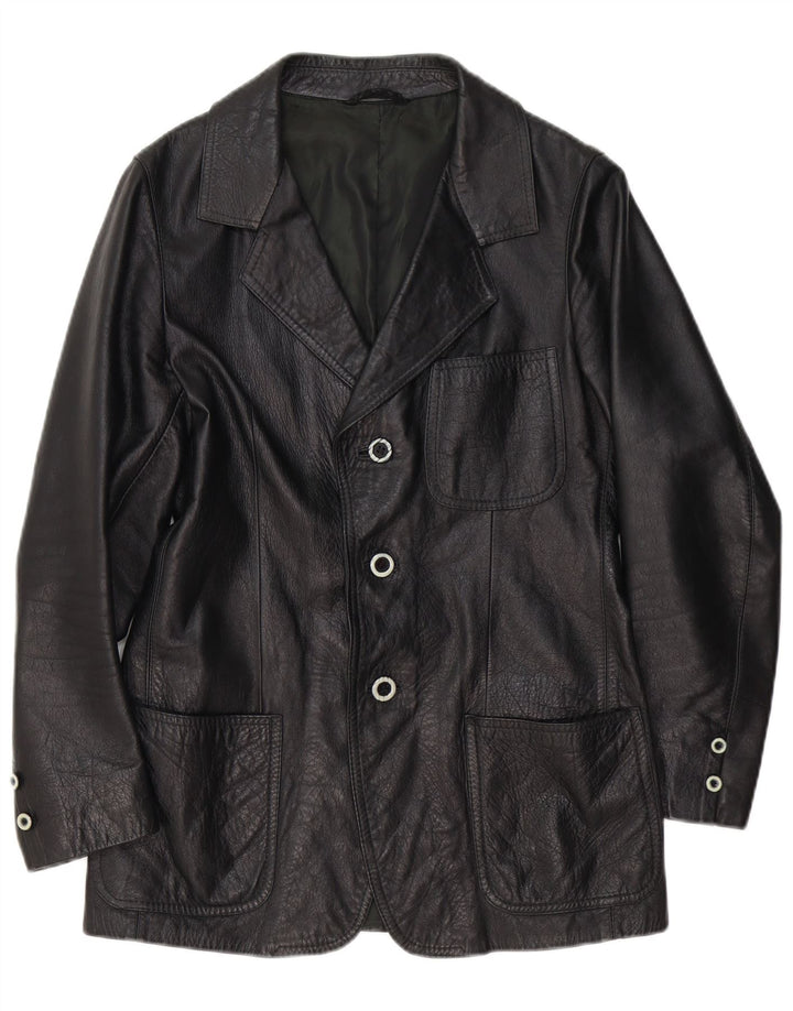 vintage Homme 3 Boutons Veste Blazer En Cuir UK 36 Petit Cuir Noir