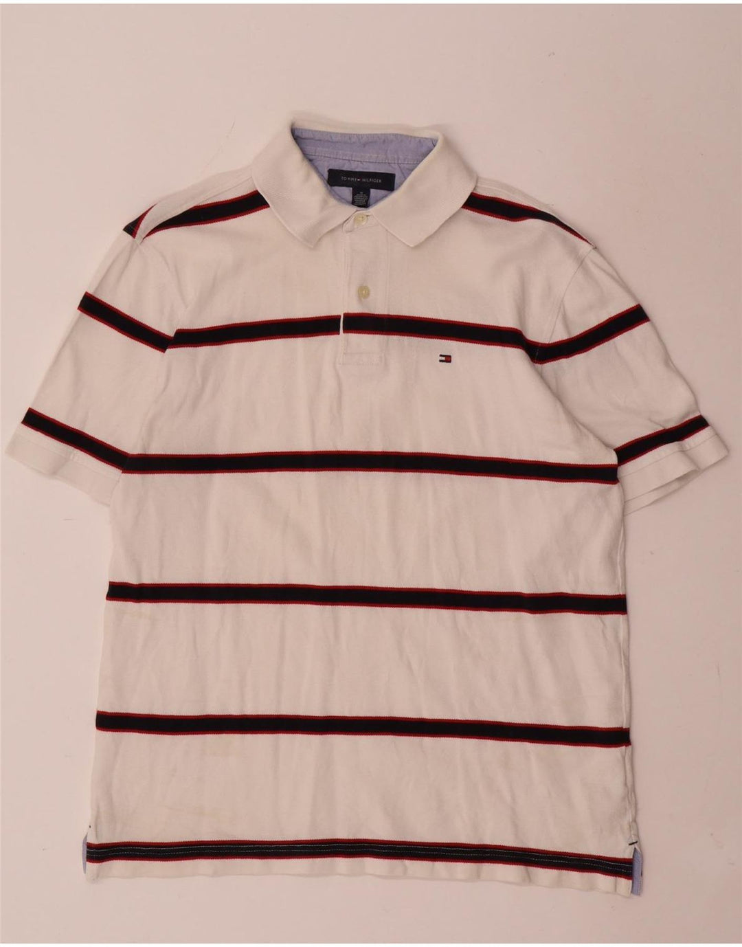Tommy Hilfiger Mens Polo Shirt Medium White Striped Cotton