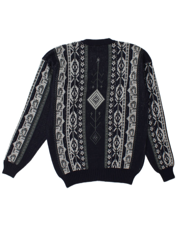 vintage Mens Crew Neck Jumper Pull Grand Bleu Marine Fair Isle