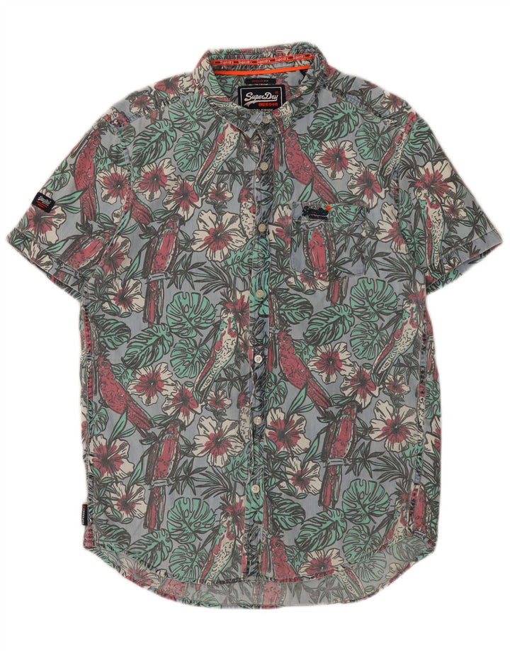 SUPERDRY Chemise à manches courtes coupe classique pour hommes en coton à fleurs bleu moyen