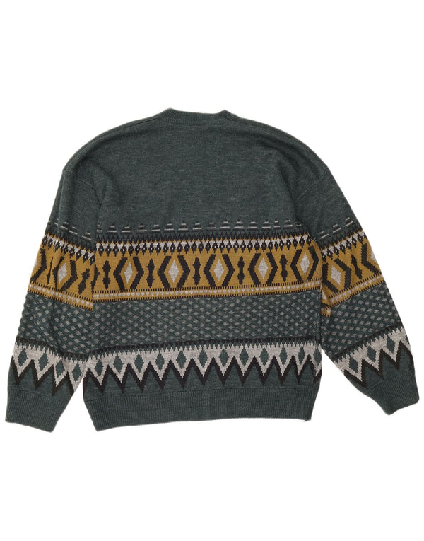 vintage Mens Crew Neck Jumper Pull Grand Vert Géométrique