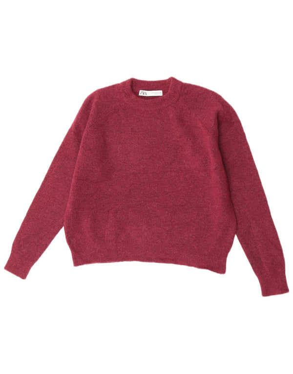 Zara Pull court surdimensionné à col rond pour femme UK 10 Petit Bordeaux
