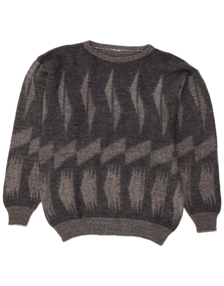 vintage Mens Crew Neck Jumper Pull Grand Gris Géométrique