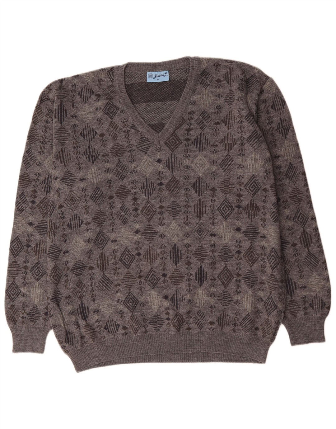 VINTAGE Pull col V homme XL Gris Géométrique