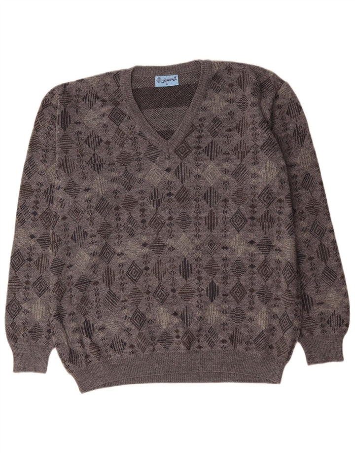 VINTAGE Pull col V homme XL Gris Géométrique