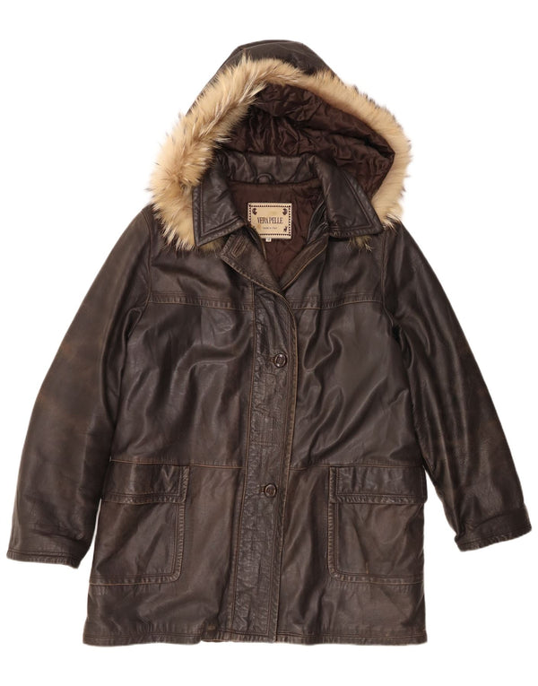 Manteau en cuir à capuche femme vintage IT 48 XL Marron