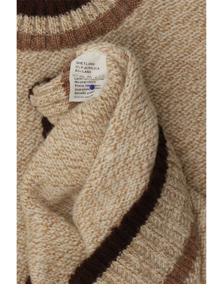 vintage Mens Crew Neck Jumper Pull Moyen Beige Colorblock Acrylique