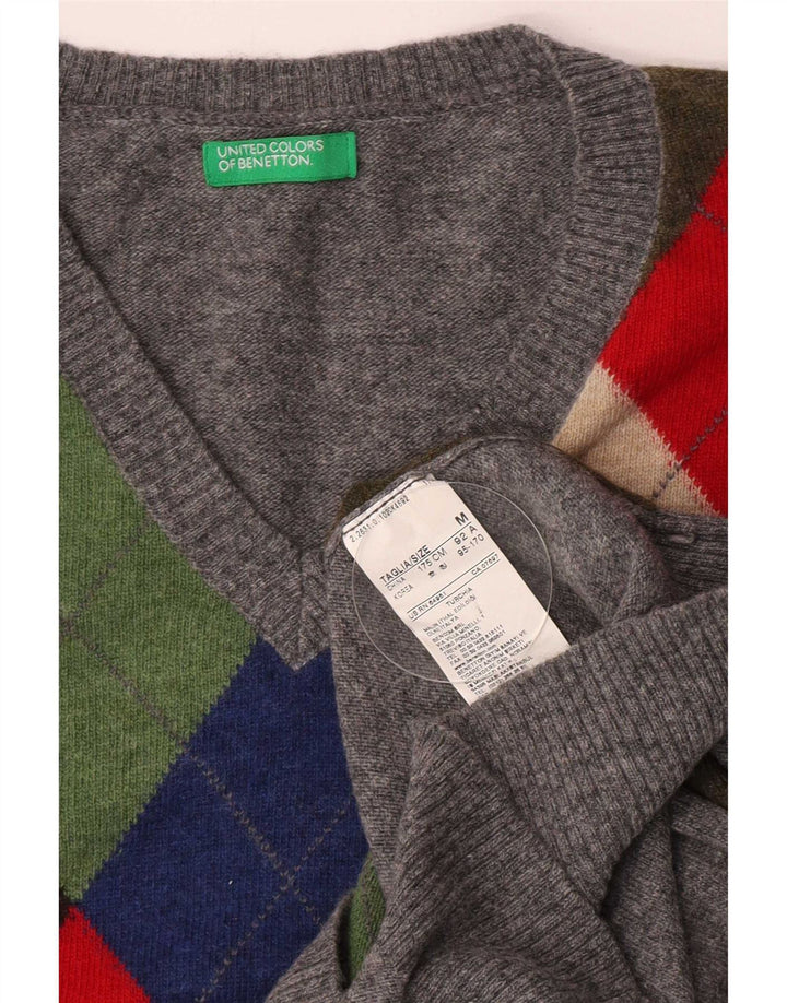 Benetton Pull col V Homme Gris Moyen Argyle/Diamant Laine