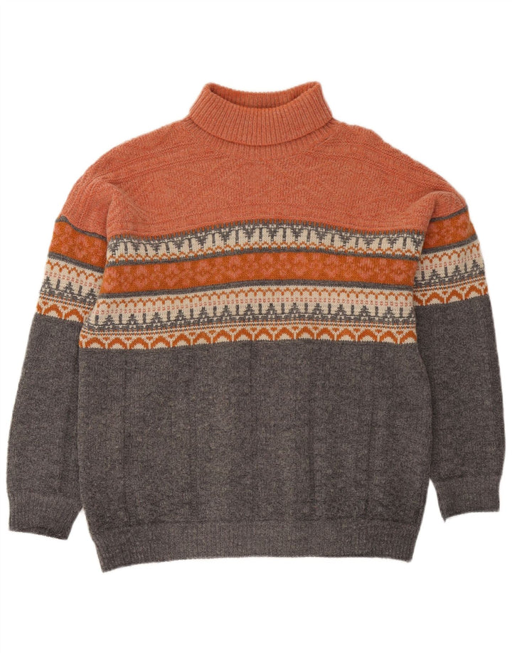 vintage Mens Roll Neck Jumper Pull Grand Orange Fair Isle