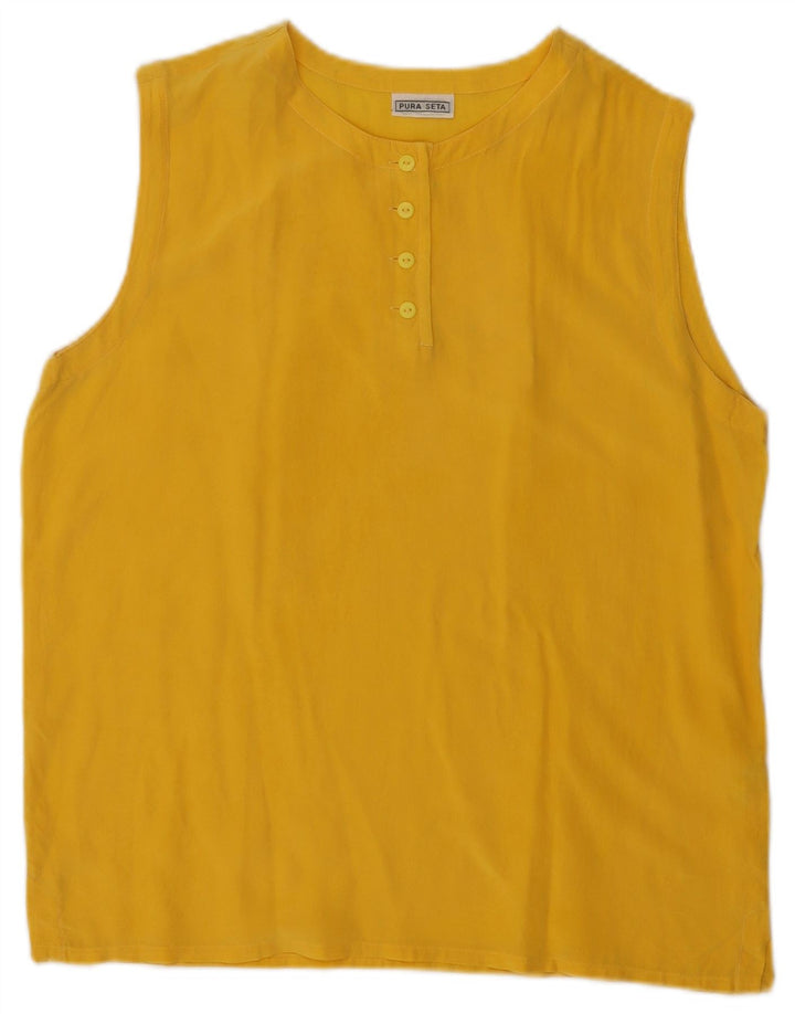 vintage Femmes Sans Manches Blouse Oversize Top UK 10 Petite Soie Jaune