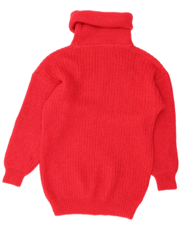 VINTAGE Femme Longline Roll Neck Jumper Pull UK 14/16 Grand Rouge Mohair