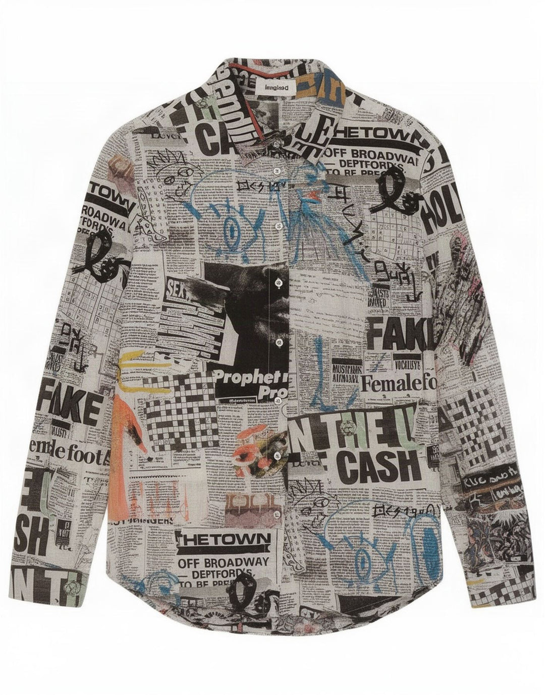 Desigual Femme Newspaper Graphic Shirt UK 14 Medium Multicolore Coton