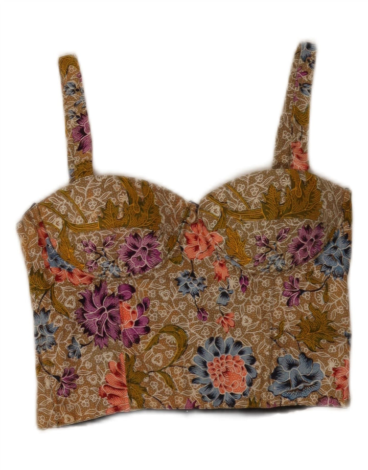 vintage Femmes Crop Cami Top UK 12 Moyen Kaki Floral