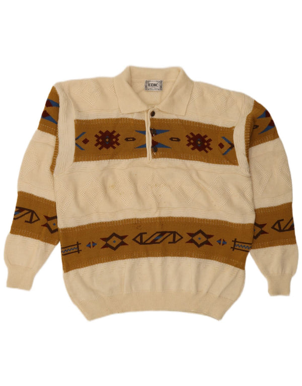 vintage Mens Polo Neck Jumper Pull 2XL Blanc Fair Isle Laine