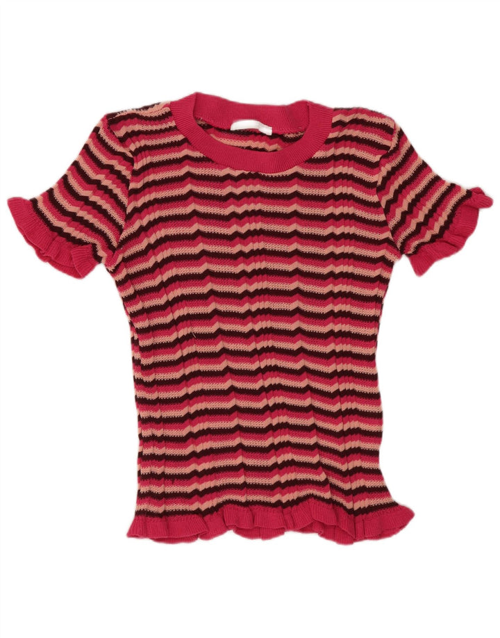Zara Femme T-Shirt Top UK 8 Petit Rose Rayé Polyester