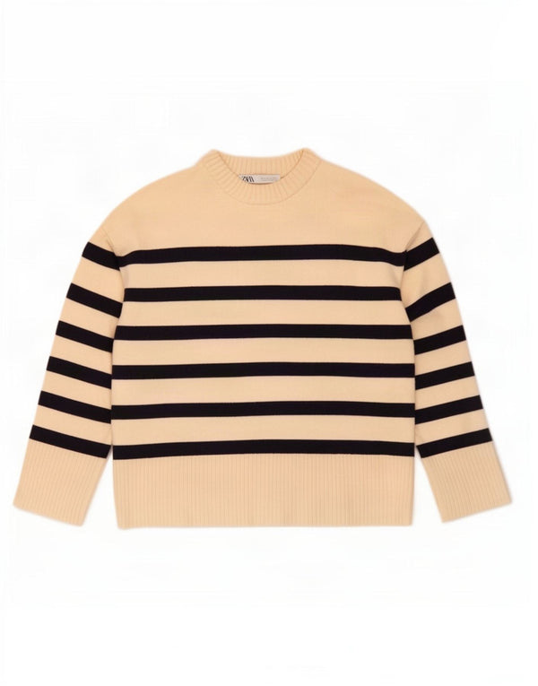 Zara Pull à col rond pour femme UK 14 Medium Off White Rayé Viscose
