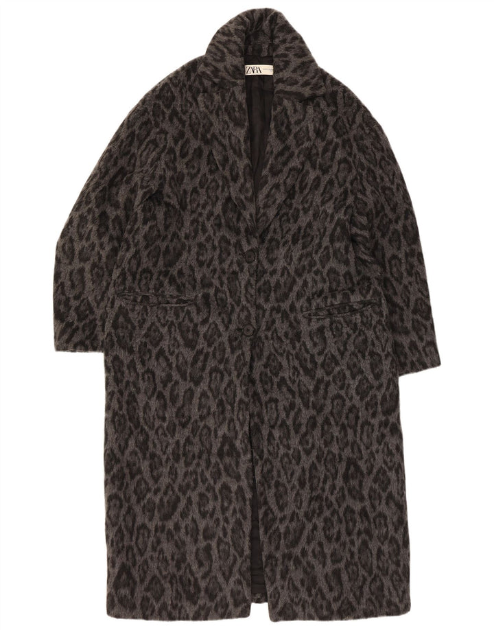Zara Womens Oversize Pardessus UK 6 XS Gris Animal Print Laine