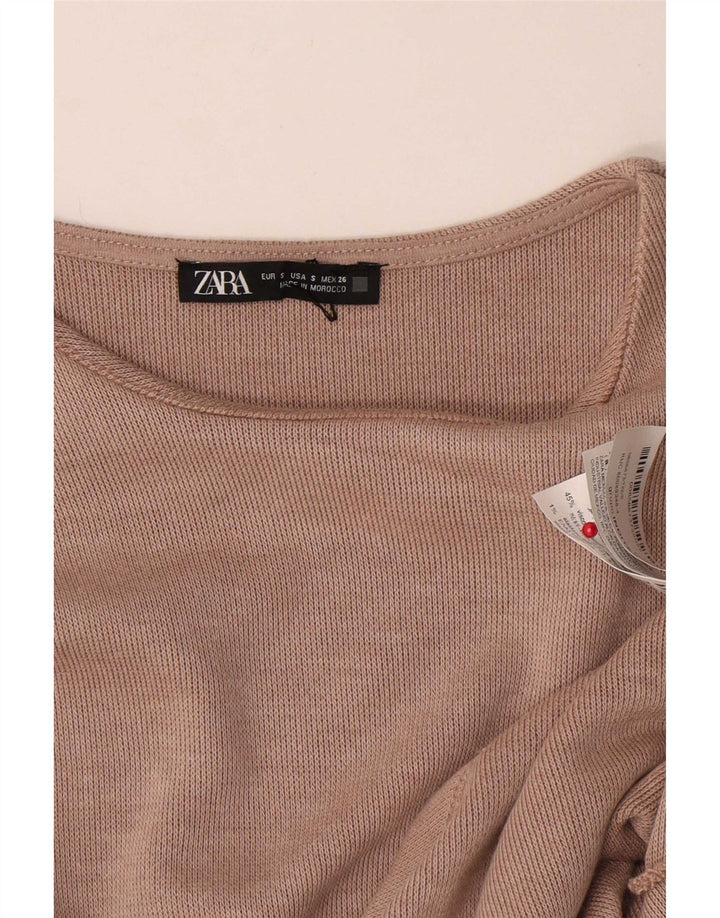 Zara Womens Front Tie Blouse Top UK 10 Petit Beige Polyester
