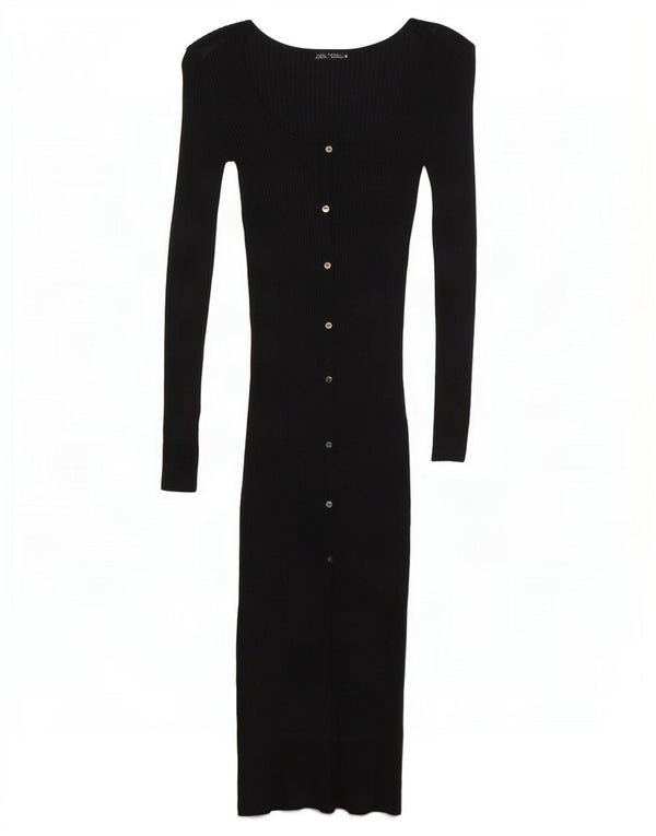 Zara Robe moulante à manches longues pour femme UK 12 en coton noir moyen