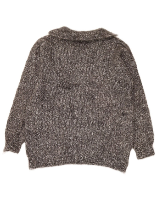 VINTAGE Femme Graphique Polo Neck Jumper Pull UK 16 Grand Gris Moucheté