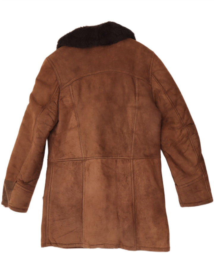 vintage Mens Shearling Overcoat UK 38 Cuir Colorblock Brun Moyen