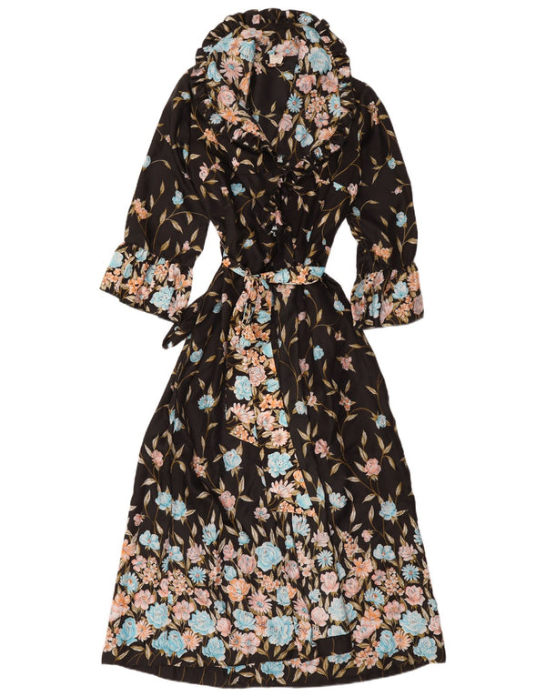 vintage Femmes Robe À Manches Longues Maxi Robe IT 44 Moyen Noir Floral