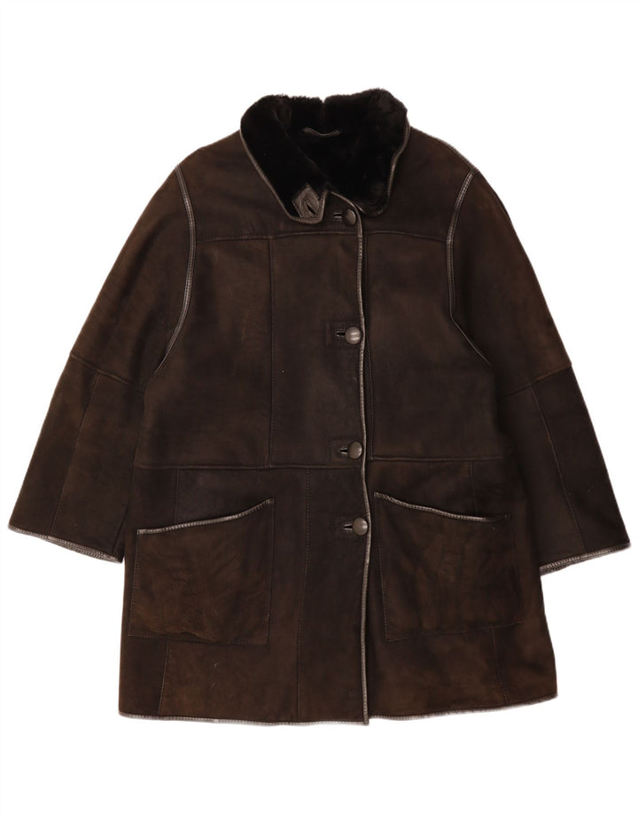 VINTAGE Manteau en peau de mouton femme UK 14 Grand cuir marron