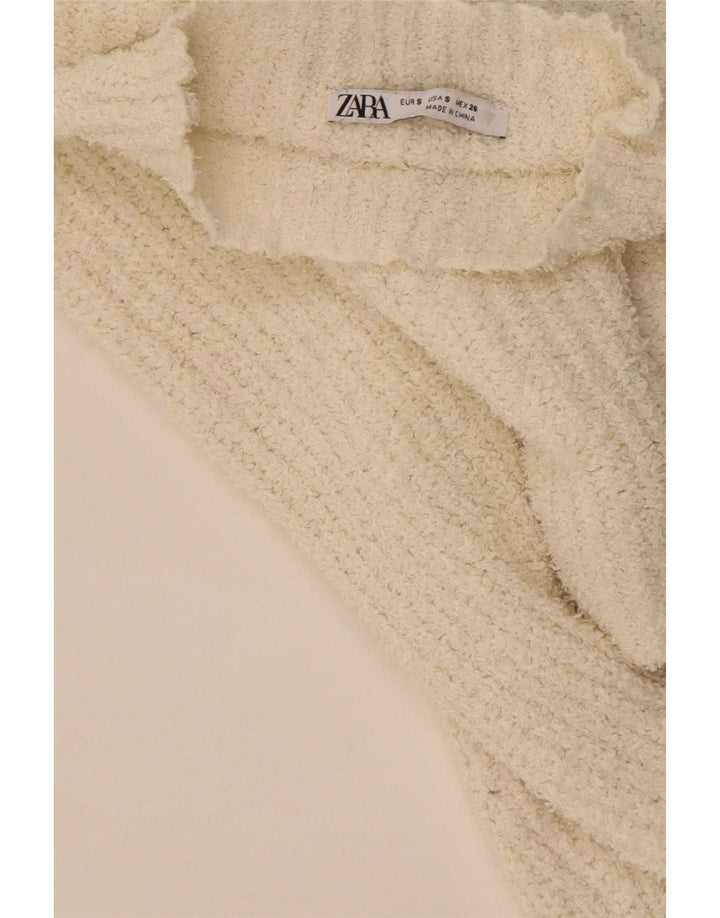 Zara Pull court à col roulé pour femme UK 10 Petit polyester blanc cassé