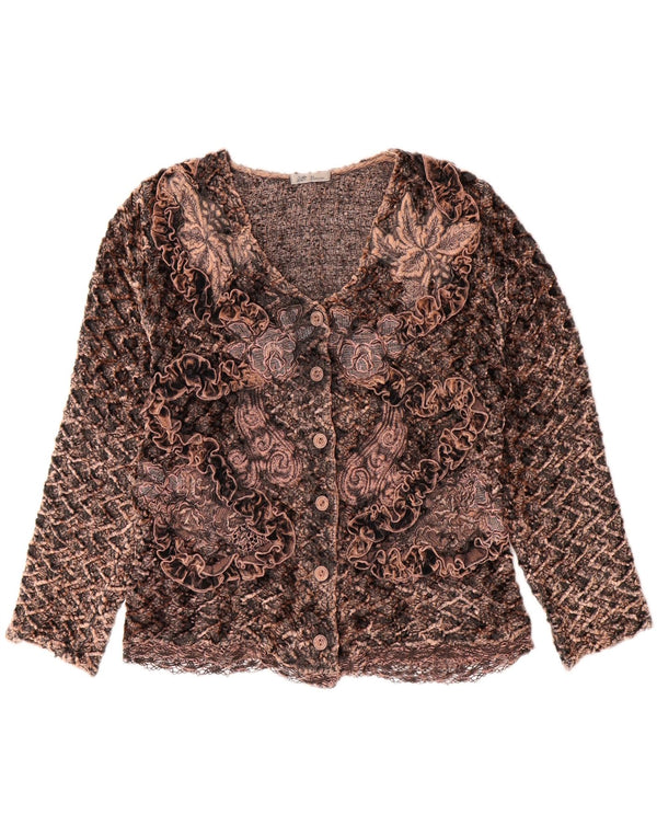 VINTAGE Femmes Crop Cardigan Pull UK 14 Viscose Florale Brun Moyen