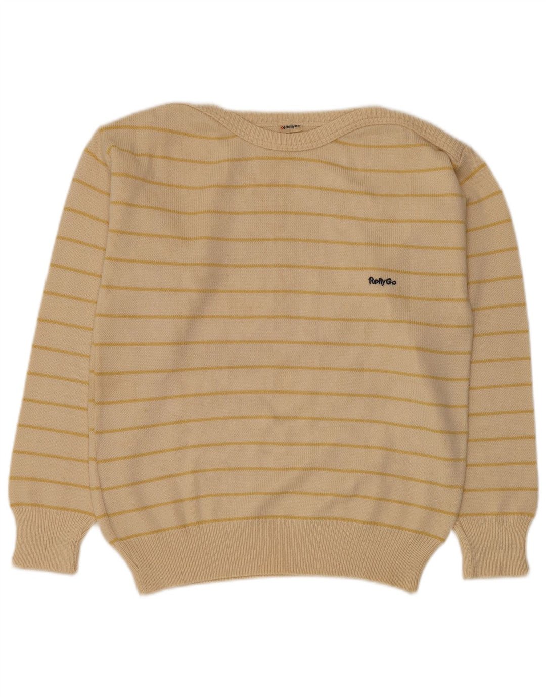vintage Mens Boat Neck Jumper Pull Moyen Beige Rayé Polyacrylique