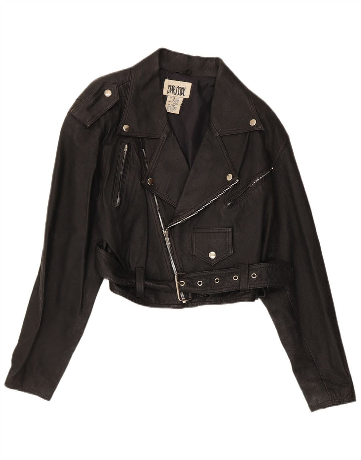 vintage Womens Crop Leather Biker Jacket UK 10 Petit cuir noir