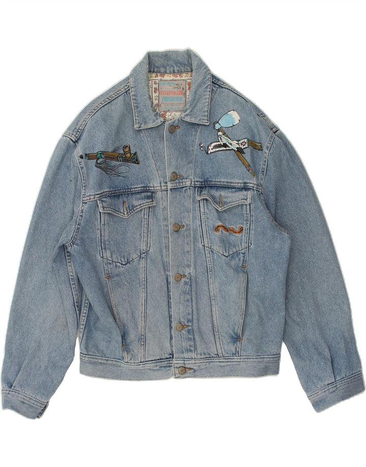 UNIFORM Womens Graphic Denim Jacket UK 40 Large Blue | Vintage Uniform | Thrift | Second-Hand Uniform | Used Clothing | Messina Hembry 