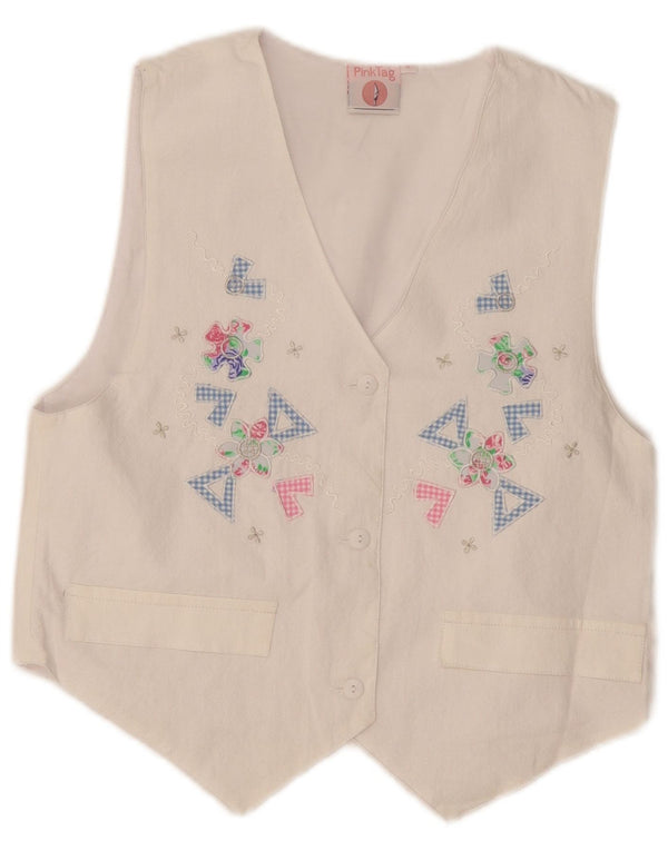 gilet graphique femme vintage UK 12 coton floral blanc moyen