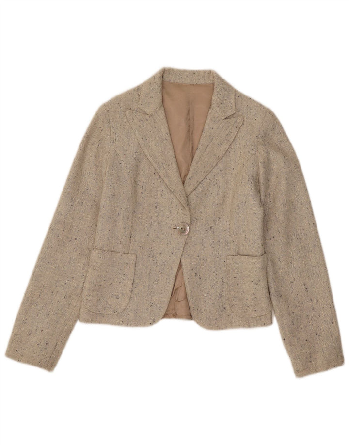 vintage Femmes Crop 1 Bouton Blazer Veste UK 4 XS Beige Moucheté