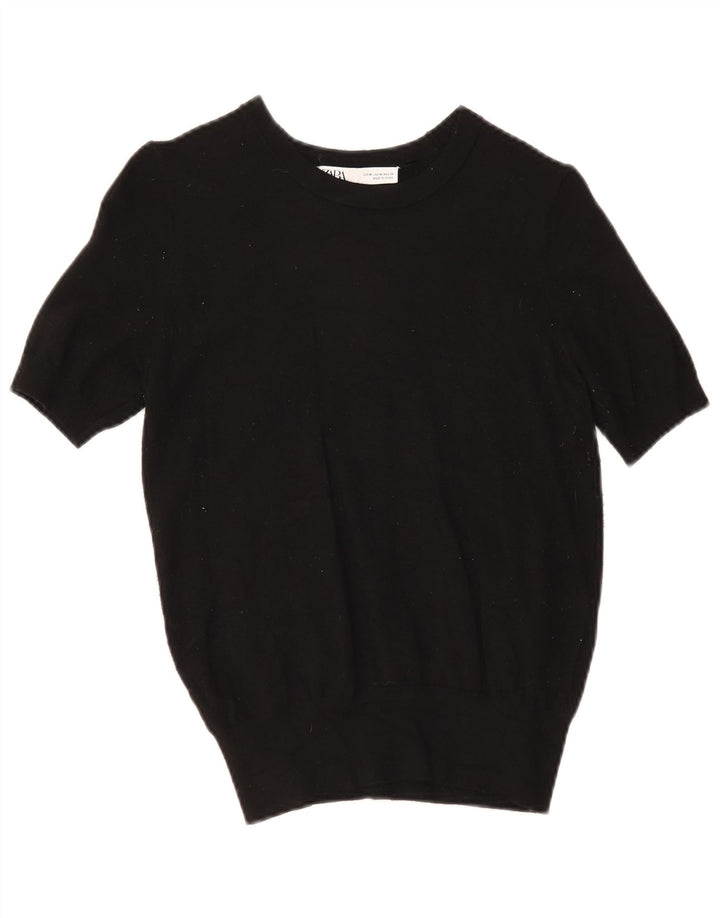 Zara Chemisier en tricot à manches courtes pour femme UK 12 Viscose noir moyen
