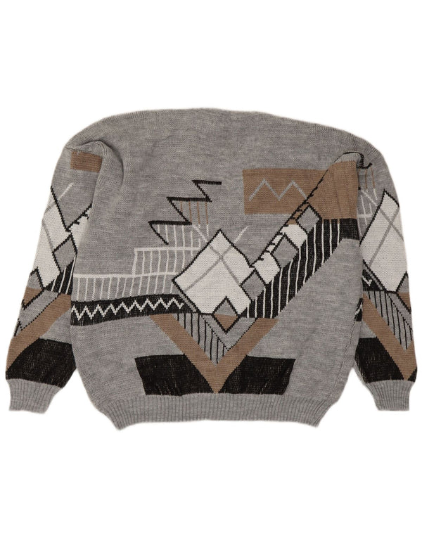 vintage Mens V-Col Jumper Pull Grand Gris Géométrique Acrylique