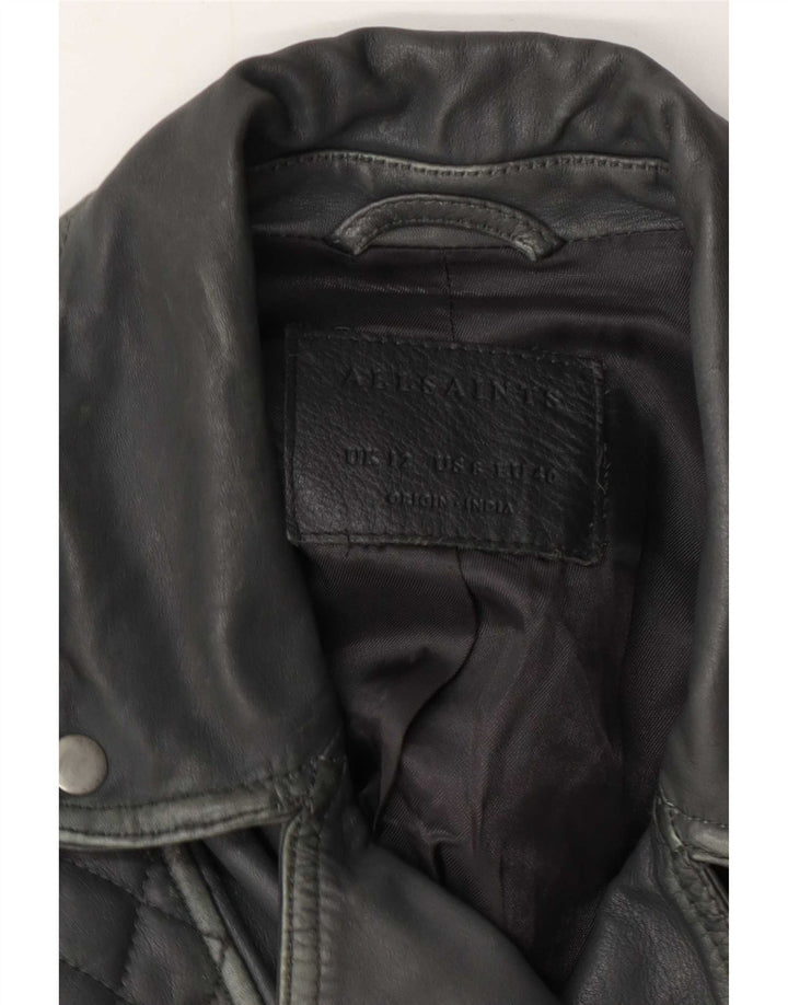 All Saints Veste de motard en cuir pour femme UK 12 Gris moyen