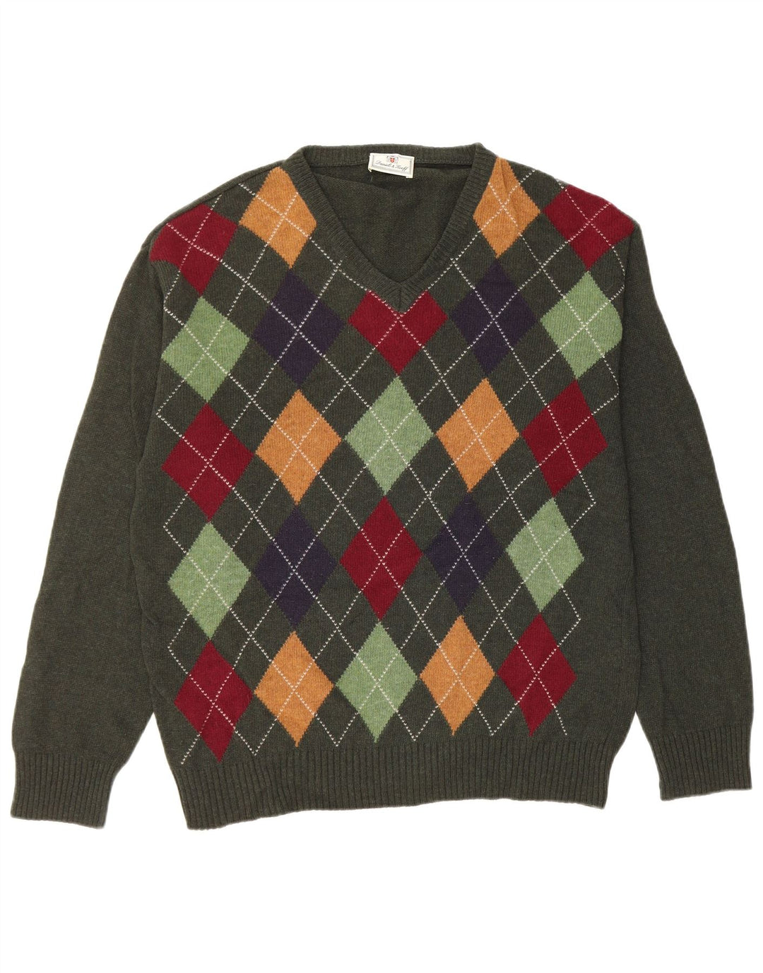 VINTAGE Pull col V pour homme Vert moyen Argyle/Diamant Laine vierge