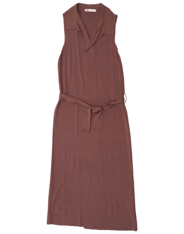 Zara Robe longue sans manches pour femme UK 12 Viscose marron moyen