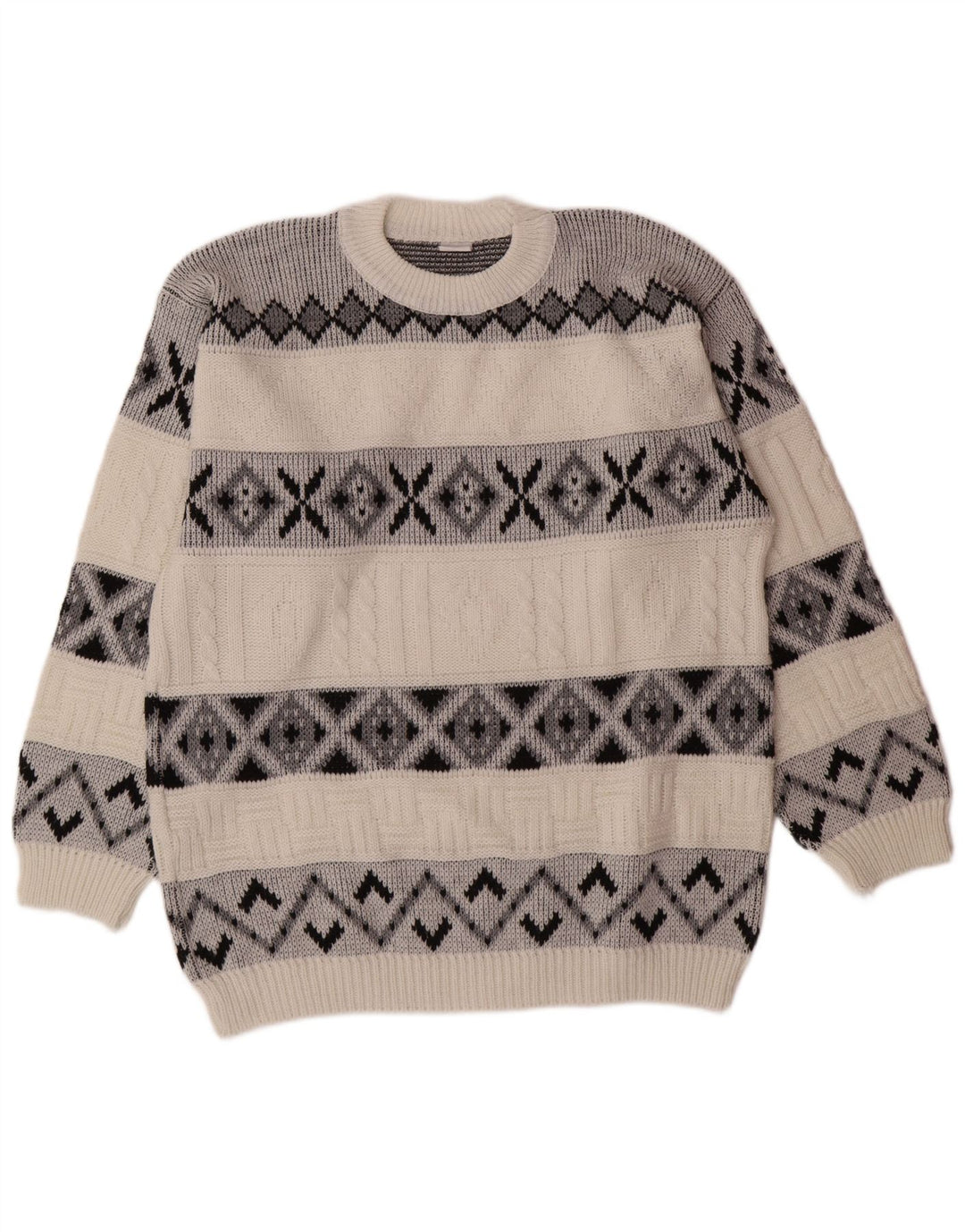 VINTAGE Pull à col rond pour homme Large Blanc Fair Isle