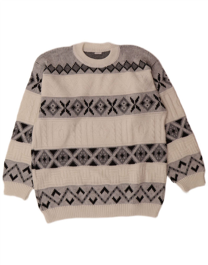 VINTAGE Pull à col rond pour homme Large Blanc Fair Isle