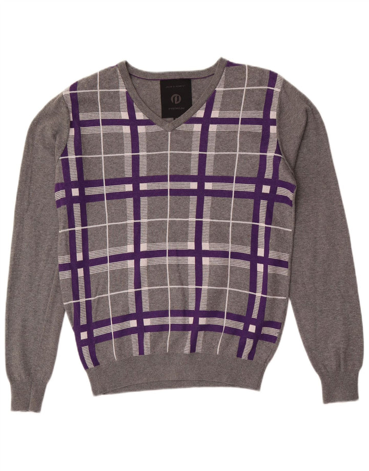 Jack & Jones Pull col V pour homme en coton à petits carreaux gris