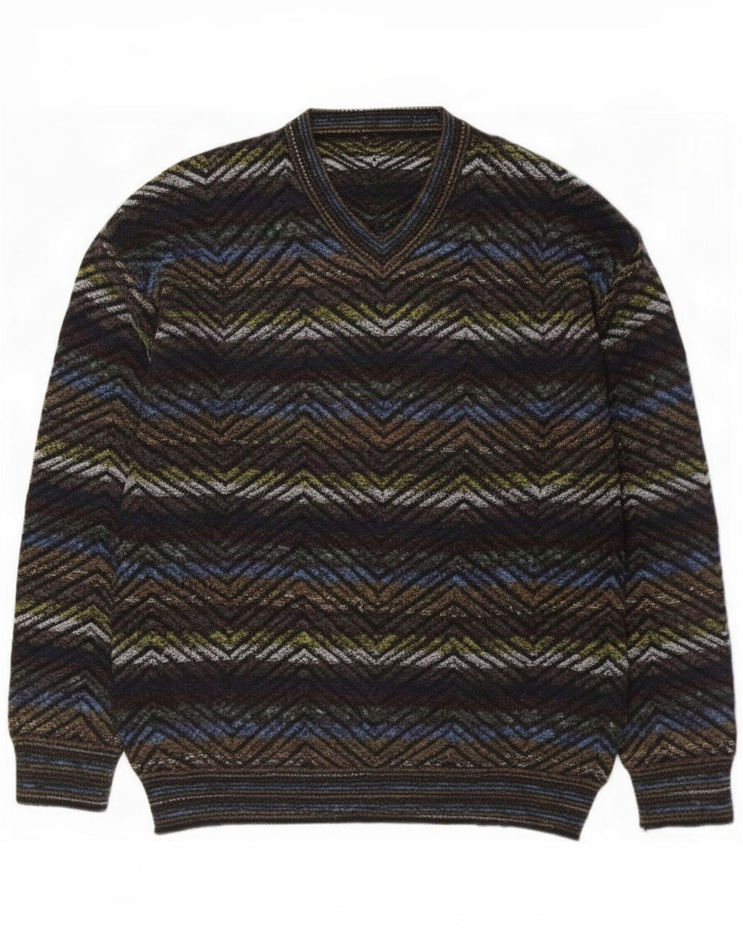 vintage Mens V-Col Jumper Pull Grand Multicolore Géométrique