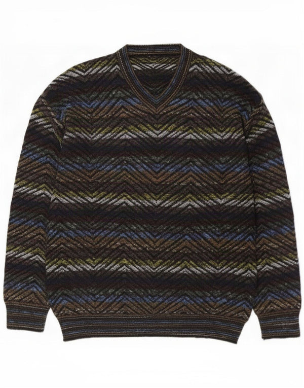 vintage Mens V-Col Jumper Pull Grand Multicolore Géométrique
