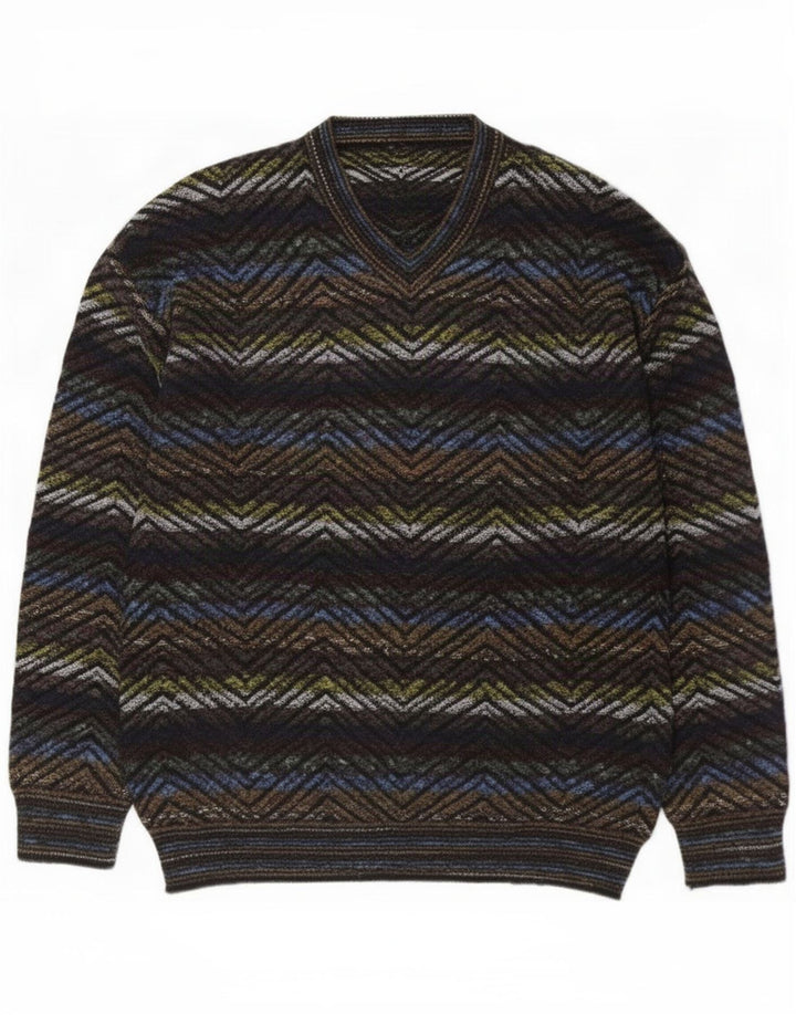 vintage Mens V-Col Jumper Pull Grand Multicolore Géométrique