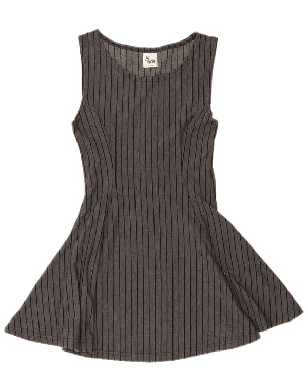vintage Womens Robe A-Line sans manches UK 8 Petit Gris Rayé