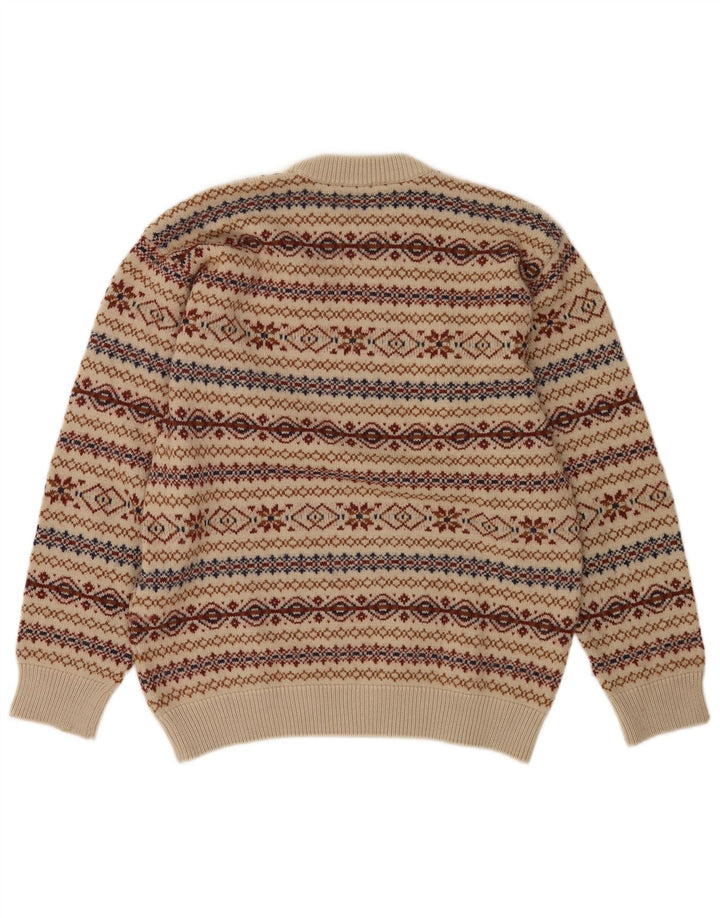 vintage Mens Crew Neck Jumper Pull Moyen Beige Fair Isle