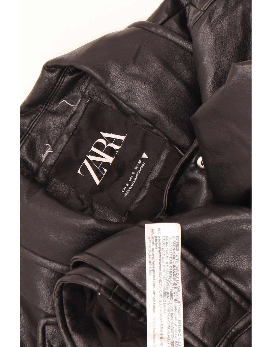 Zara Veste de motard courte en simili cuir pour femme UK 10 Petit Noir Polyester