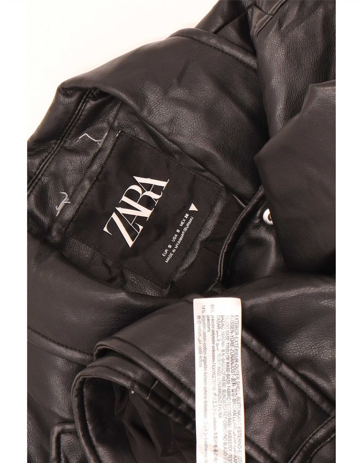 Zara Veste de motard courte en simili cuir pour femme UK 10 Petit Noir Polyester